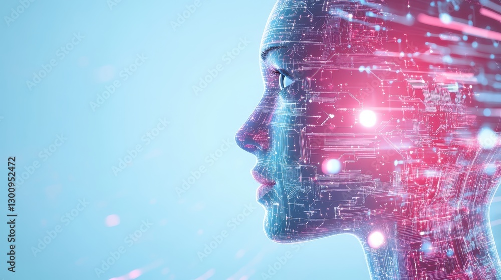 Poster neural network transforming human face with digital circuitry, revealing technological integration m