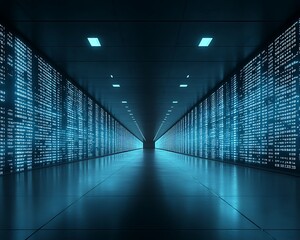 Server room with glowing data displays in modern facility