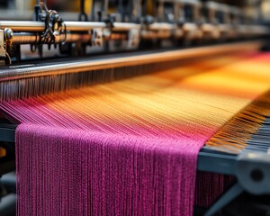 Closeup of industrial looms weaving yarn into fabric, intricate machinery in action, textile production process, rich vibrant yarn colors