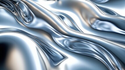 Abstract metallic fluid forms a shiny wave. Smooth chrome pattern creates a glossy texture. Silver background showcases dynamic surface, perfect for modern, artistic designs.