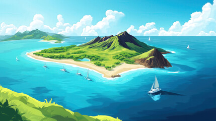 Naklejka premium island in the ocean, sailboats on the sea, seabirds flying in the sky, flat illustration, perfect travel destination, landscape poster