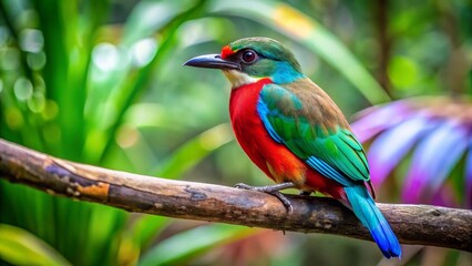 Obraz premium Vibrant tropical bird perched on a branch, showcasing iridescent plumage in a lush green setting