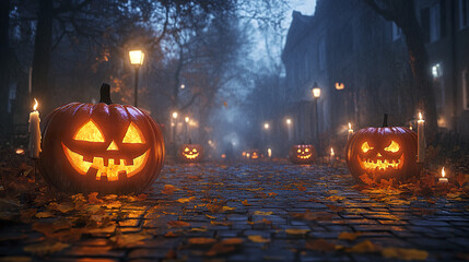 Obraz premium haunted Halloween street at night with carved pumpkins glowing