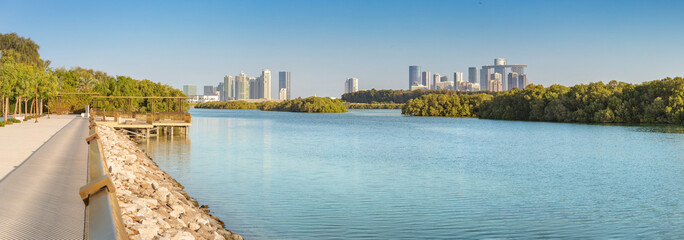Scenic panoramic view of mangrove park walkway with modern Abu Dhabi skyline, featuring lush greenery and serene waterway © EdNurg