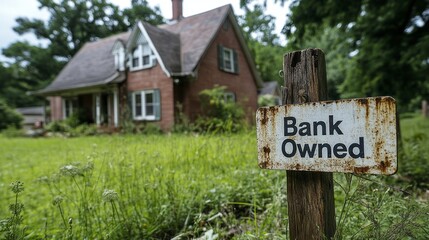 Overgrown grass surrounds a neglected home, marked by a weathered Bank Owned sign in the front yard, embodying the consequences of the housing market downturn