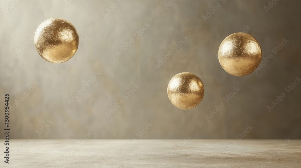 Poster three golden spheres floating in front of a textured background