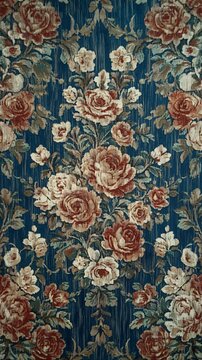 Elegant Floral Pattern: Exquisite floral tapestry in a vertical format, showcasing a detailed arrangement of roses and blossoms. The intricate design, rich colors.
