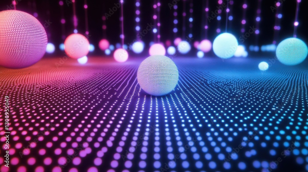 Poster spherical objects and patterned lights create an abstract digital world