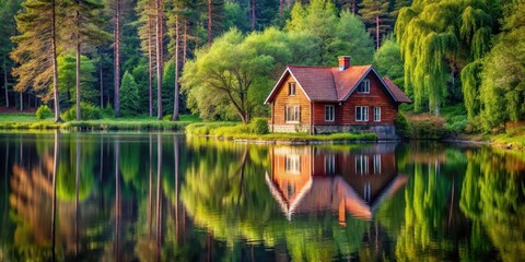 Obraz premium A quaint red-brick cottage nestled among trees on the edge of a peaceful lake, its windows reflecting the calm waters like a mirrored surface , forest, cottage