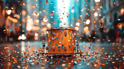 Celebratory drumming performance urban city street photography vibrant environment wide angle artistic expression