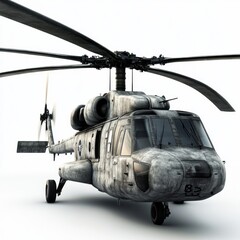 Weathered Grey Military Helicopter on White Background
