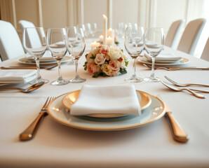 Fototapeta premium Elegant dining arrangement with floral centerpiece and candlelight creating a romantic atmosphere in a luxurious setting