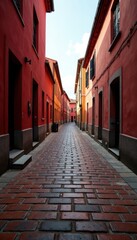 Fototapeta premium Deep red brick pavement, centuries of history visible, aged, rustic, historical