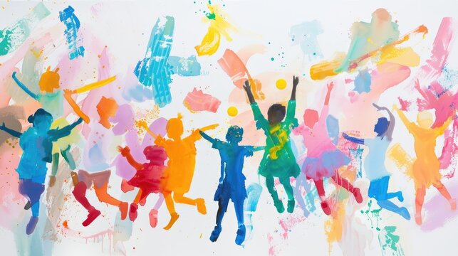 Vibrant celebration of joy children playing together in colorful creative expression