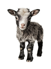 Fototapeta premium Playful baby goat standing on a bright white background with curious expression and fluffy fur, cut out