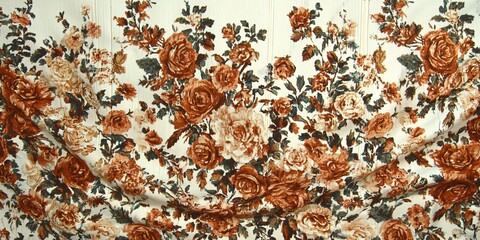 Floral Fabric Pattern: Close-up of a fabric with a delicate floral pattern. the pattern is composed of roses and leaves in a mix of warm and neutral tones, creating a soft, classic, and inviting feel.