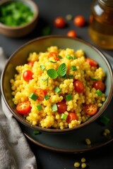 Fluffy quinoa with roasted vegetables and herbs, colorful, vegetables