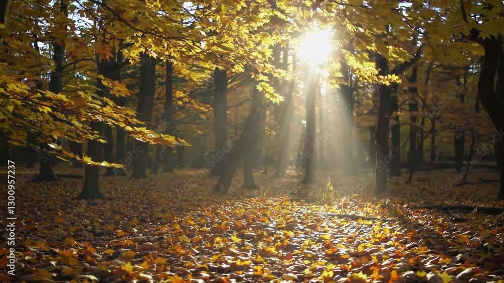 Poster Magical Autumn Glow in a Serene Forest with Sunlight Filtering Through Trees