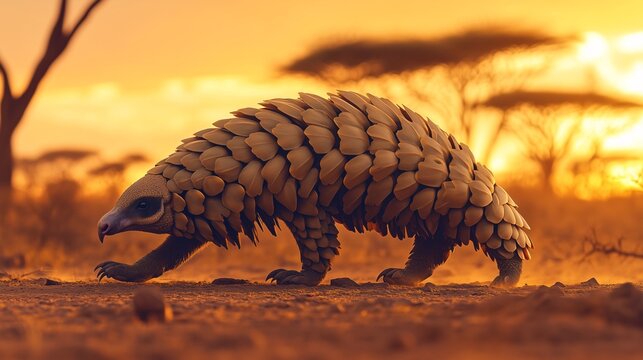 Pangolin walking across the dry savanna at twilight in africa. Generative ai illustrations