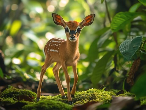 Tiny suni antelope standing cautiously in lush african forest. Generative ai illustrations