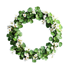 Decorative spring wreath made of green leaves and white flowers for festive occasions and home decor, cut out