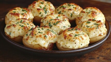 Baked Stuffed Potatoes on Dark Plate, Rustic Wood Background