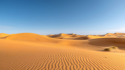 Golden Sands Stretch Across the Horizon Under a Clear Blue Sky, Creating Tranquil Dunes That Evoke a Sense of Infinite Serenity and Timelessness