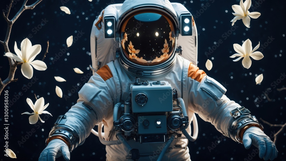 Poster an astronaut in a white spacesuit surrounded by floating flowers in a dark space setting, creating a