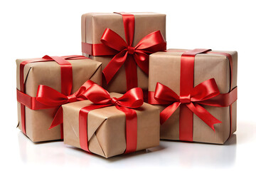 Elegant brown wrapped gift boxes stacked with red ribbons for special occasions image isolated on white