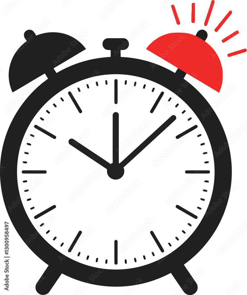 Poster classic alarm clock in minimal style featuring a vibrant red bell and clear black outline, showcasin