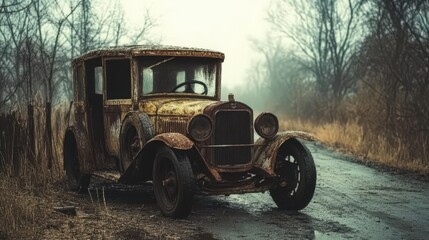 Vintage automobile with rusted bodywork parked on a rural road, atmospheric