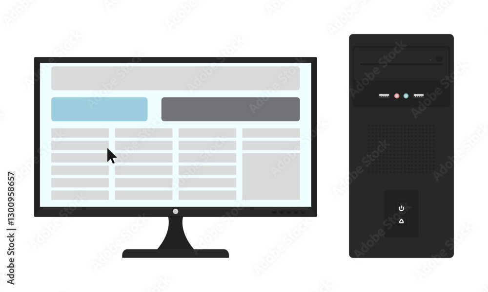 Poster classic desktop computer setup with widescreen monitor. vector illustration of a desktop computer is