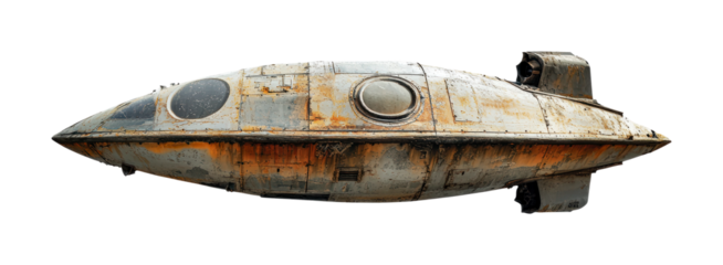 Unique vintage submarine design featuring weathered metal surface and retro styling for creative concepts and project presentations, cut out