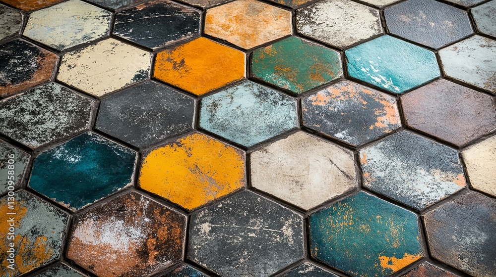 Poster hexagonal tile pattern vintage style colorful rustic floor tiles background texture design abstract 