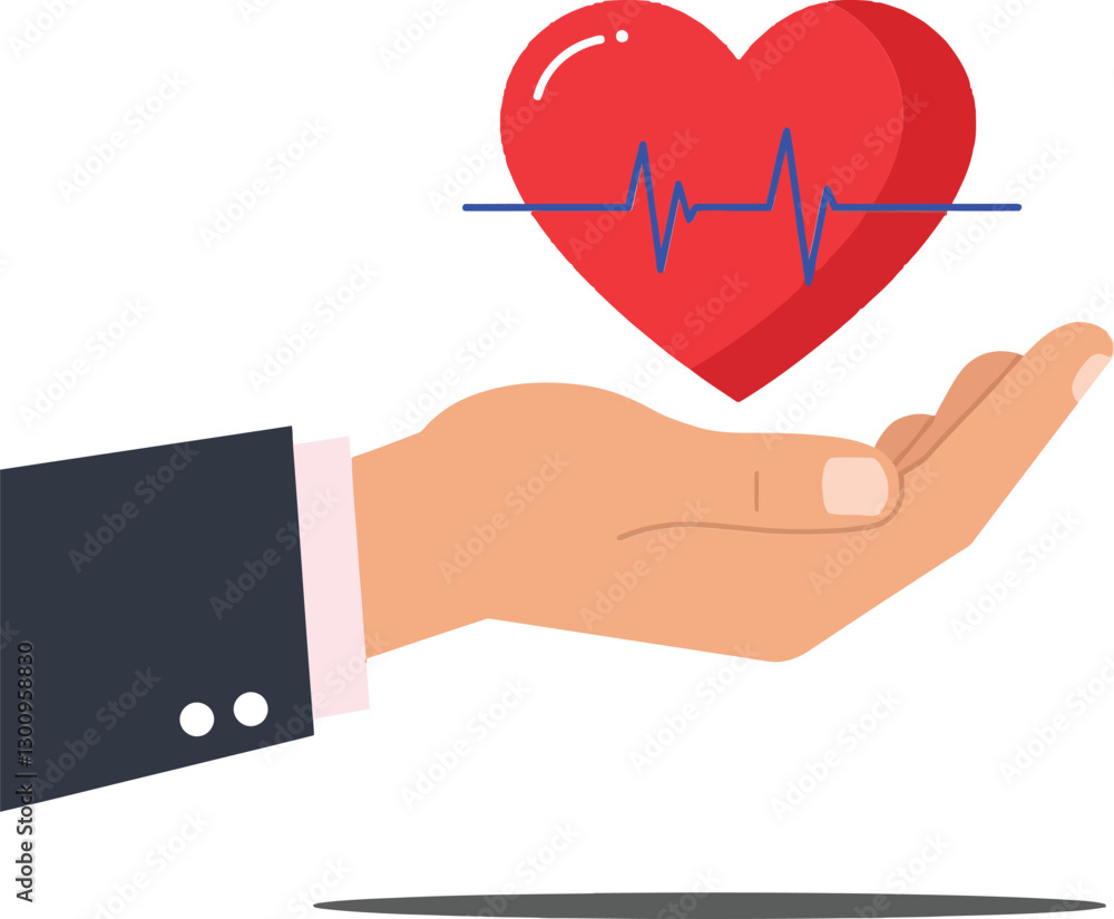 Aufkleber a hand presenting a red heart with a heartbeat line in a flat design style representing health and c