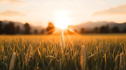 Sunset over lush wheat field rural landscape nature photography golden hour tranquil atmosphere