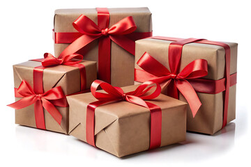 Elegant brown wrapped gift boxes stacked with red ribbons for special occasions image isolated on white background