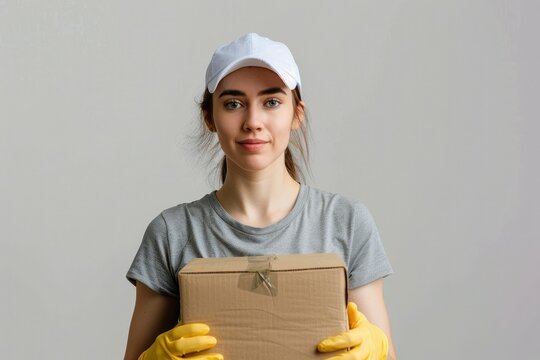 High Definition View of Female Volunteer with Gloves Holding Food Donation Box