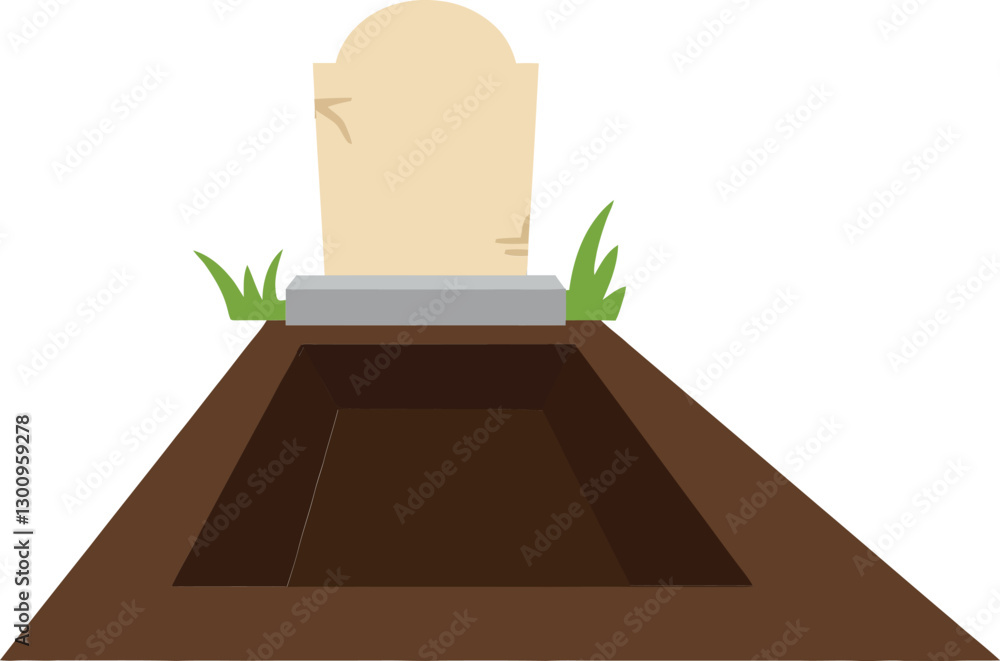 Poster simple grave with a headstone and surrounding soil in a flat and minimal design vector illustration