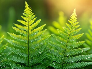 Morning Dew on Lush Green Ferns Forest Floor Nature Photography Tranquil Environment Close-Up View Freshness Concept