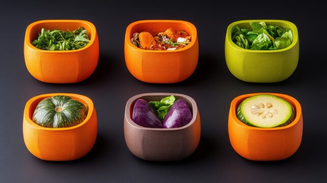Four orange bowls filled with fresh vegetables promoting food waste recycling initiative - Powered by Adobe