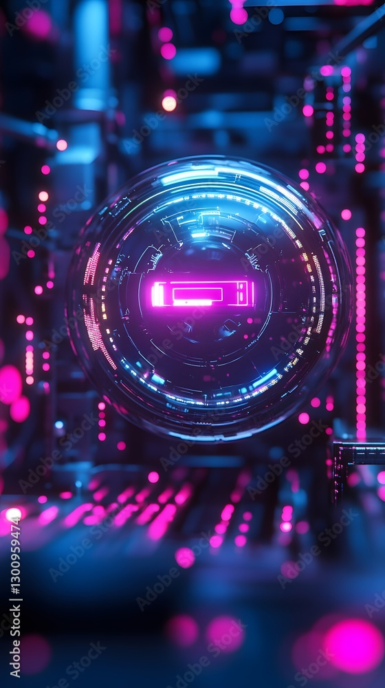 Aufkleber power indicator: a neon glowing digital battery indicator, illuminated by a mesmerizing display of b