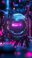 Power Indicator: A neon glowing digital battery indicator, illuminated by a mesmerizing display of blue and pink lights, signifies a state of charge in the digital realm.