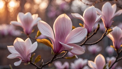 Fototapeta premium Delicate pink magnolia flowers blooming on branches against a warm sunset backdrop in a tranquil garden setting