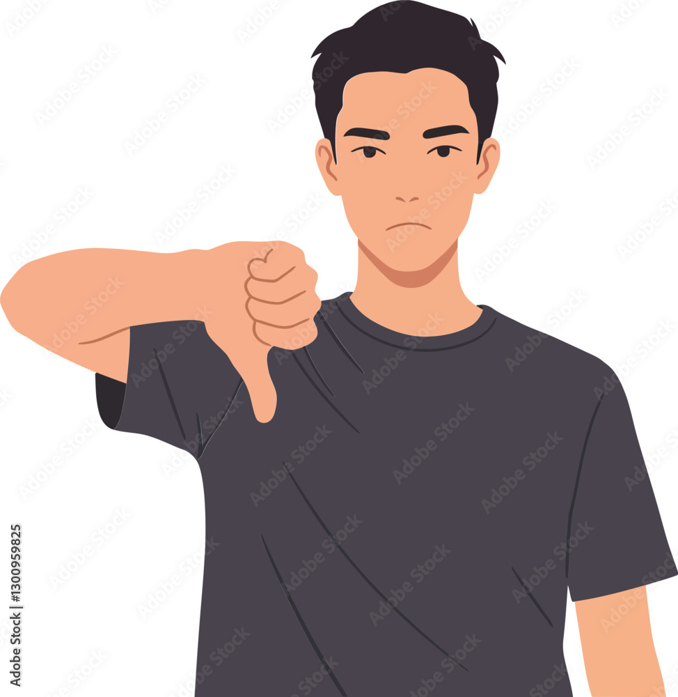Poster young man expressing disapproval with a thumbs down gesture in a minimal vector illustration style s