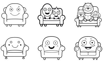 Cartoon Characters Relaxing on Sofas, Perfect for Coloring Books