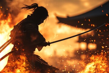 A ninja using acrobatics to avoid a trap in an ancient temple, with spikes and flames narrowly missing them