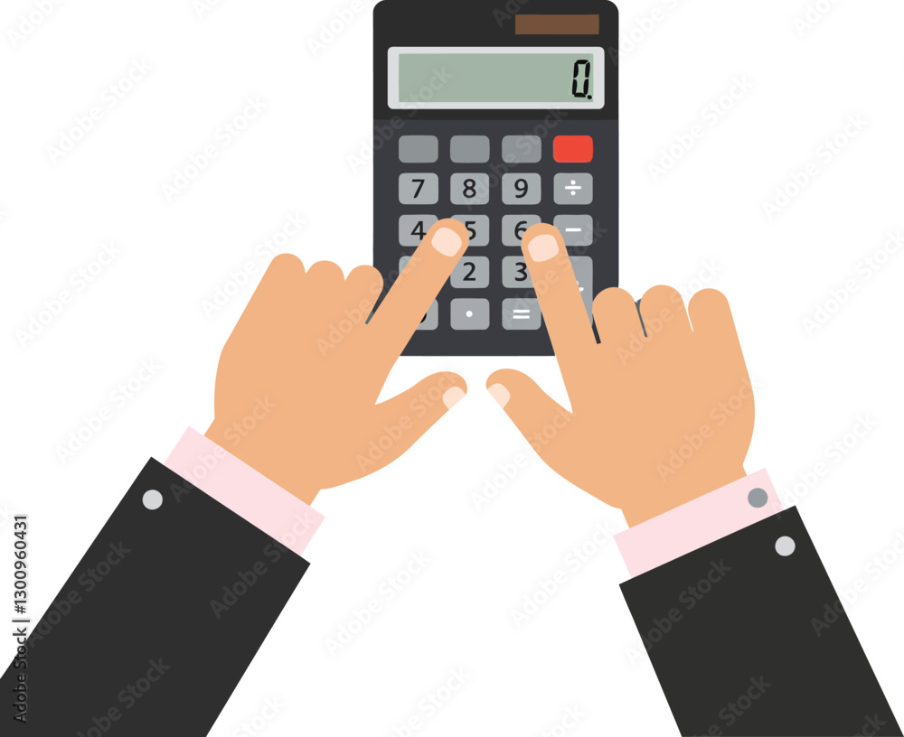 Poster hands in a suit using a calculator to perform calculations in a minimal flat design vector illustrat