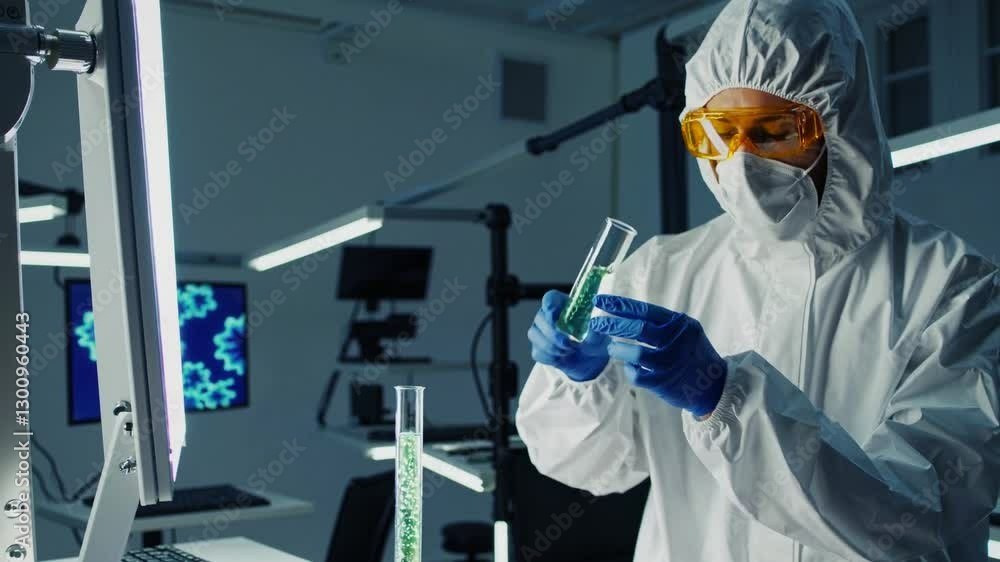 Poster scientist in protective gear conducting experiments in a laboratory setting
