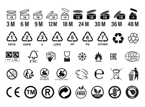 Cosmetic package icons set. PAO period after opening symbol. Recycling and reuse sign